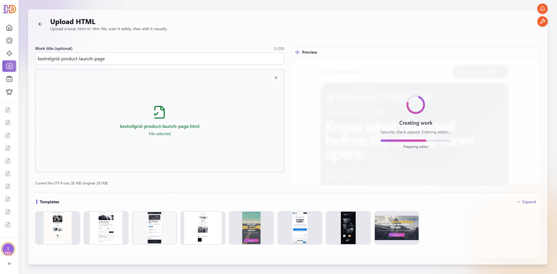 KestrelGrid HTML 文件已在 HtmlDrag 上传 HTML 页面中选定，编辑器正在准备页面
