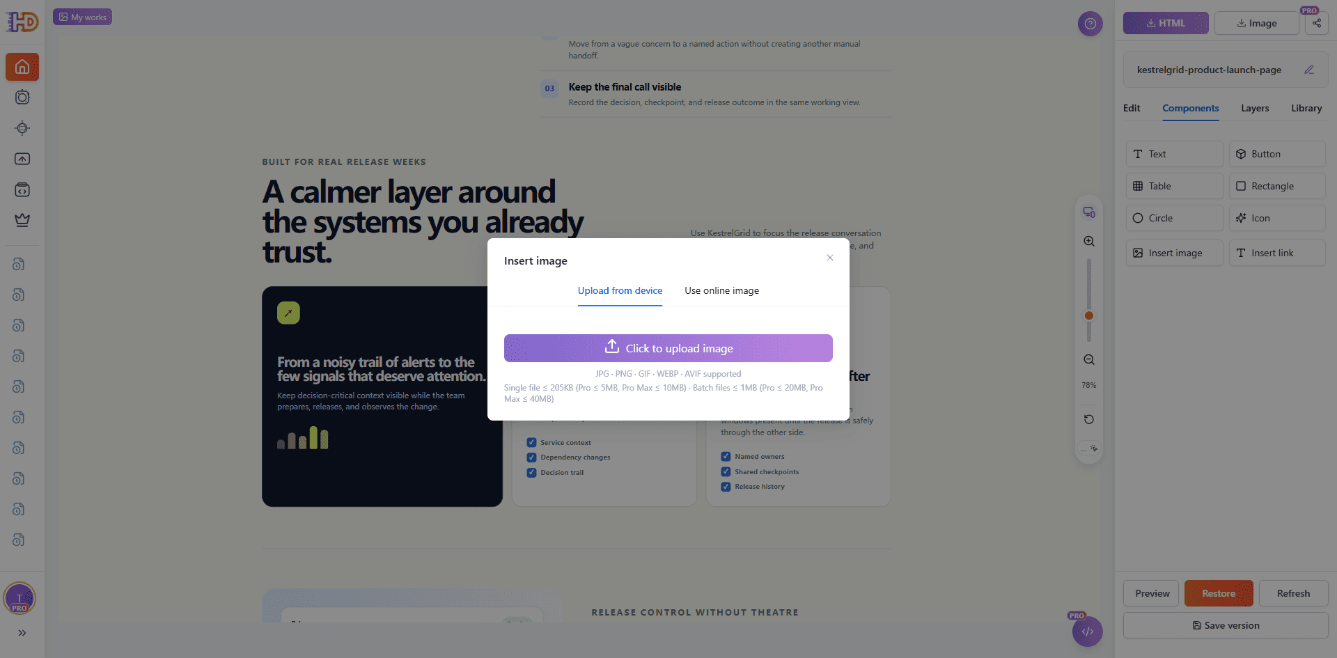 HtmlDrag Insert image 弹窗，提供从设备上传图片或使用在线图片两种方式