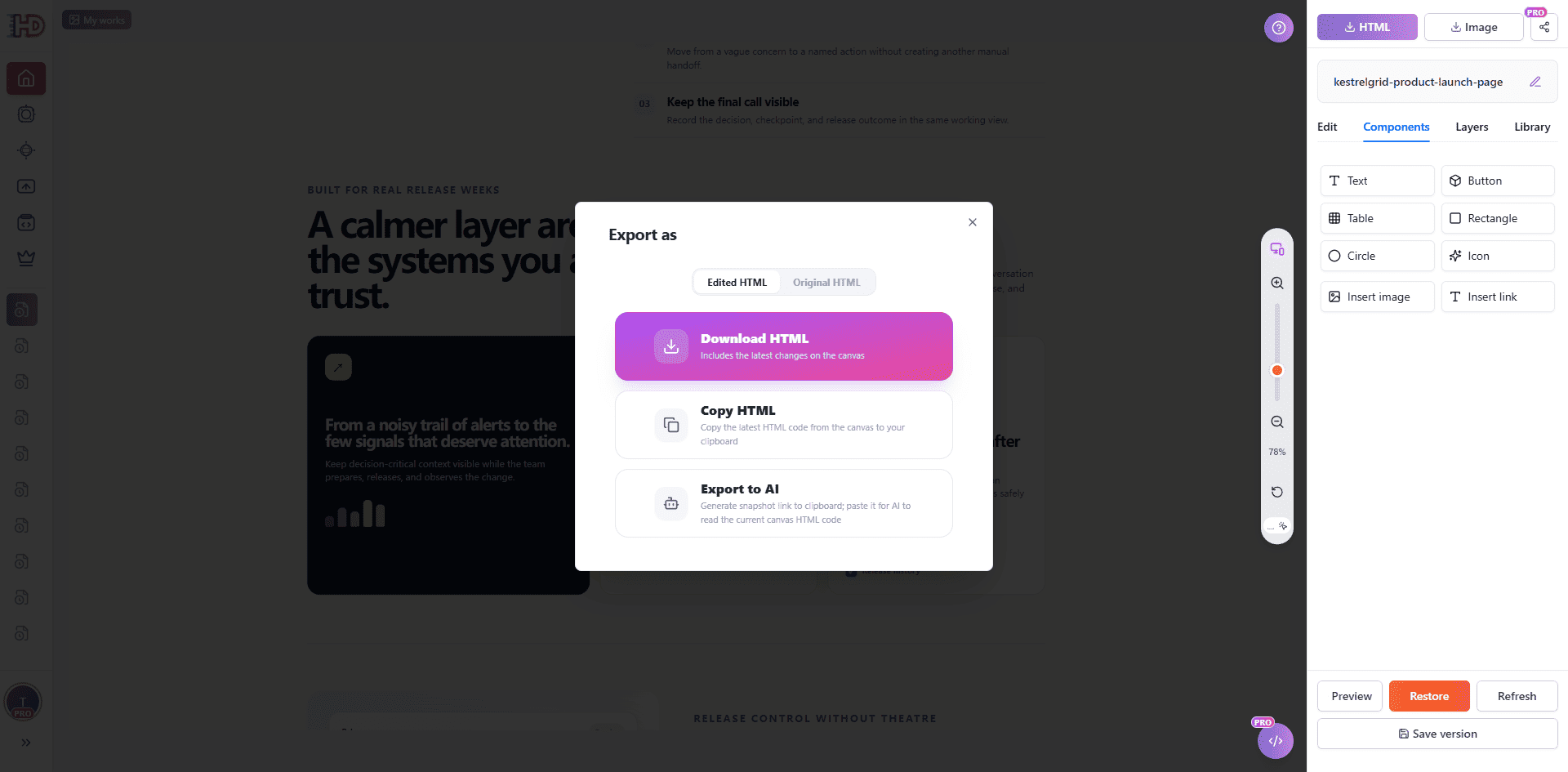 HtmlDrag Export as 弹窗，提供下载编辑后 HTML、复制 HTML 和将当前画布导出到 AI 的选项