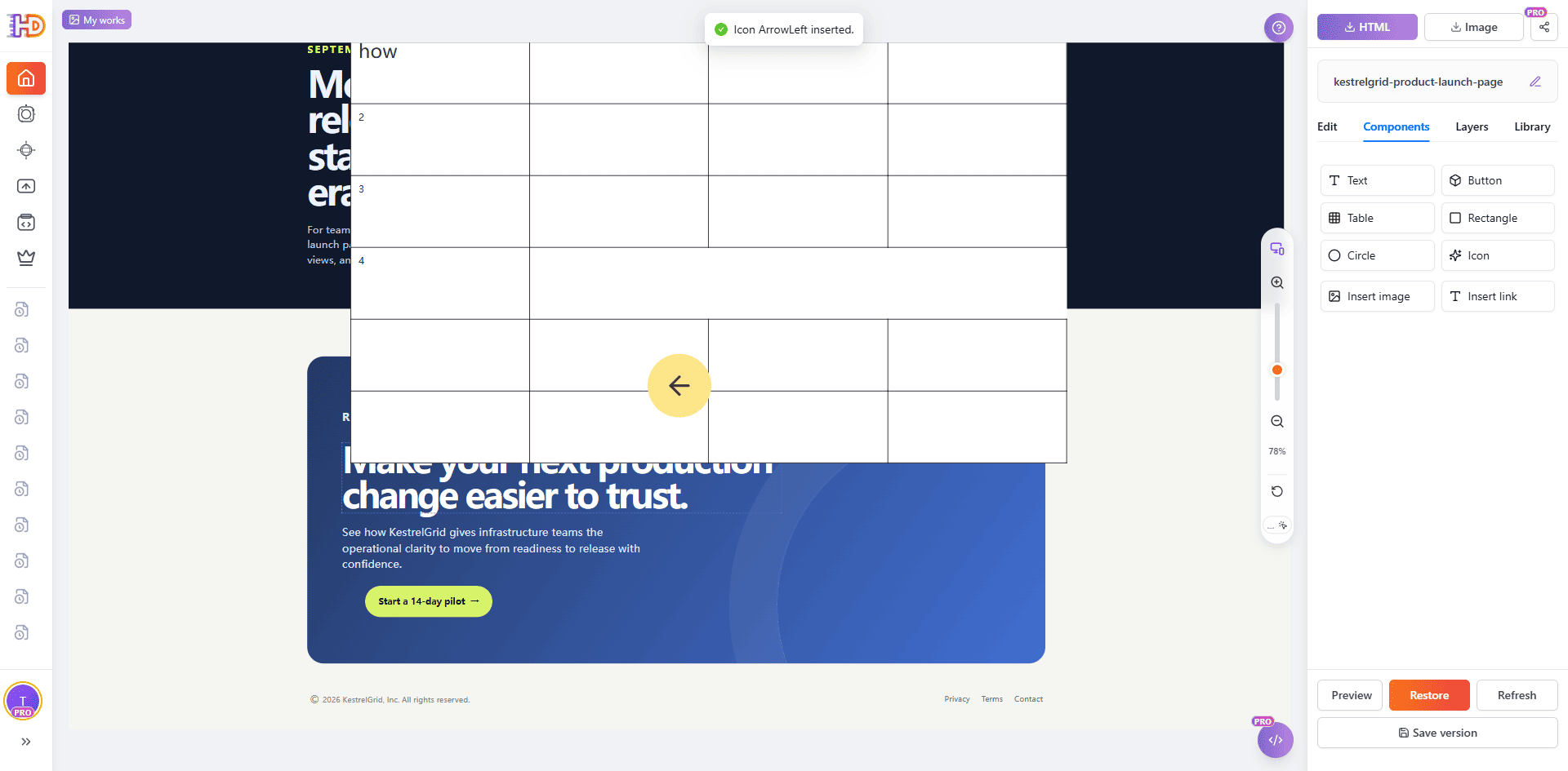 ArrowLeft 图标已插入 KestrelGrid 落地页中选定的表格，HtmlDrag 显示插入成功提示