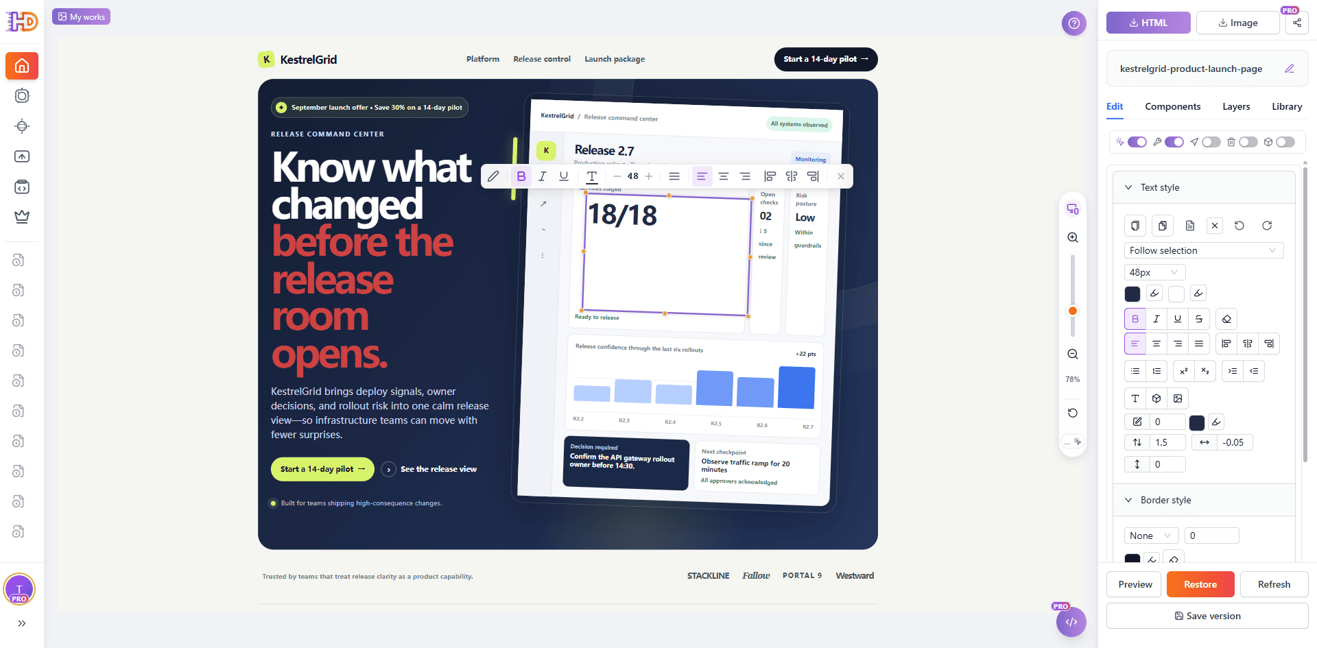 KestrelGrid 发布指标在可视化 HTML 画布中被选中，旁边显示文字控件