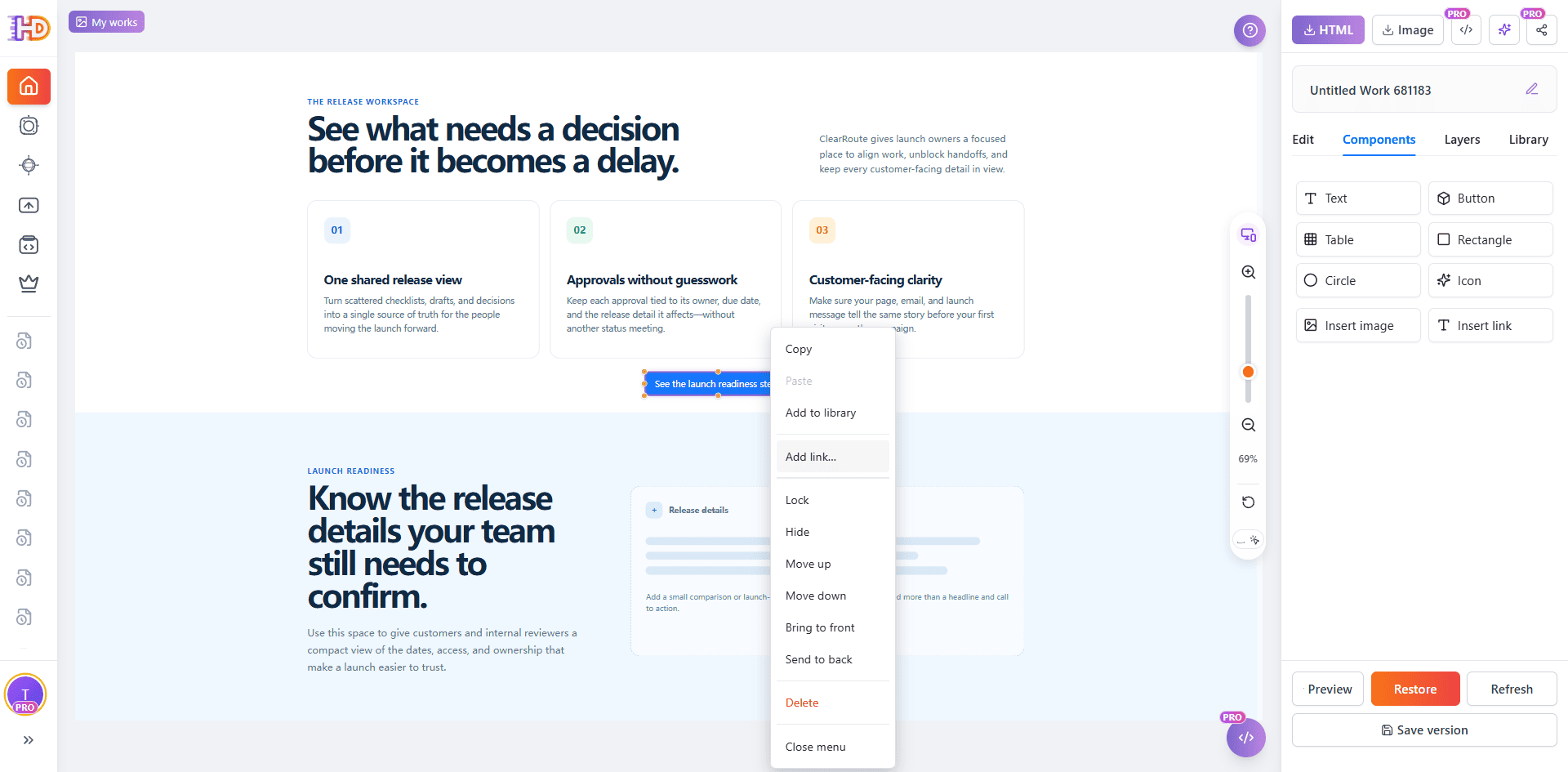 컨텍스트 메뉴에 Add link가 표시된 HtmlDrag의 선택된 See the launch readiness steps 요소