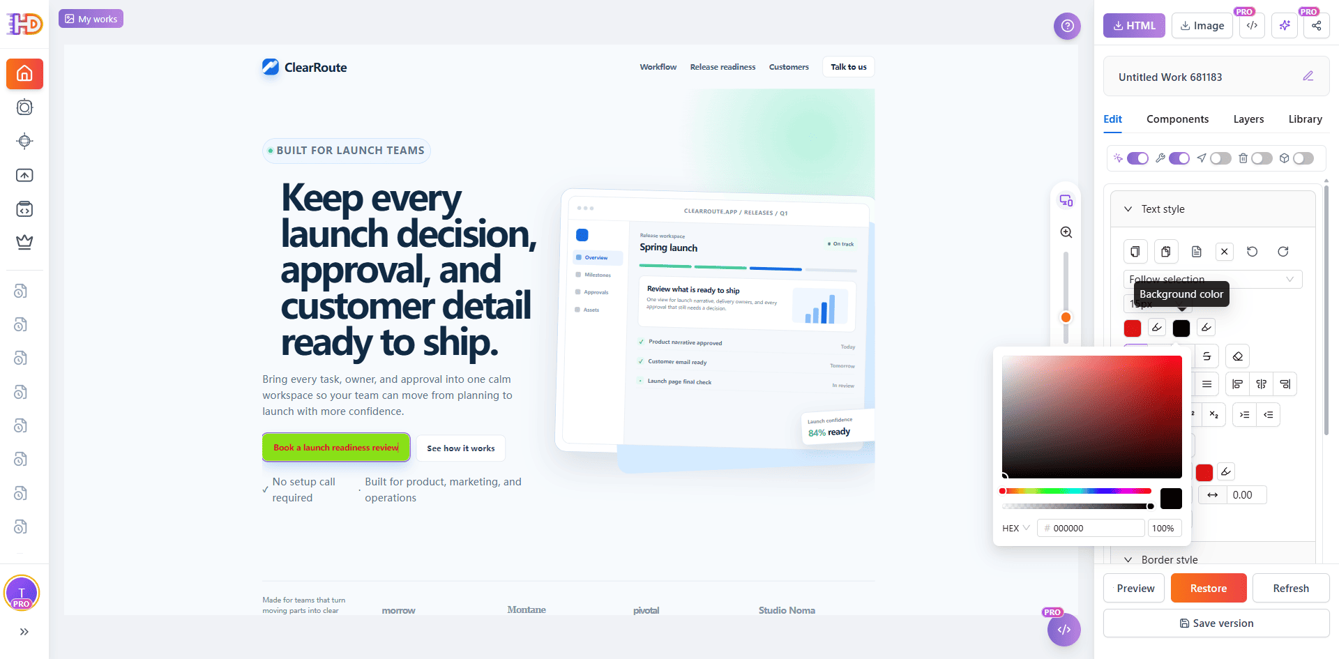 스타일 컨트롤이 보이는 HtmlDrag 캔버스에서 선택된 업데이트된 Book a launch readiness review CTA