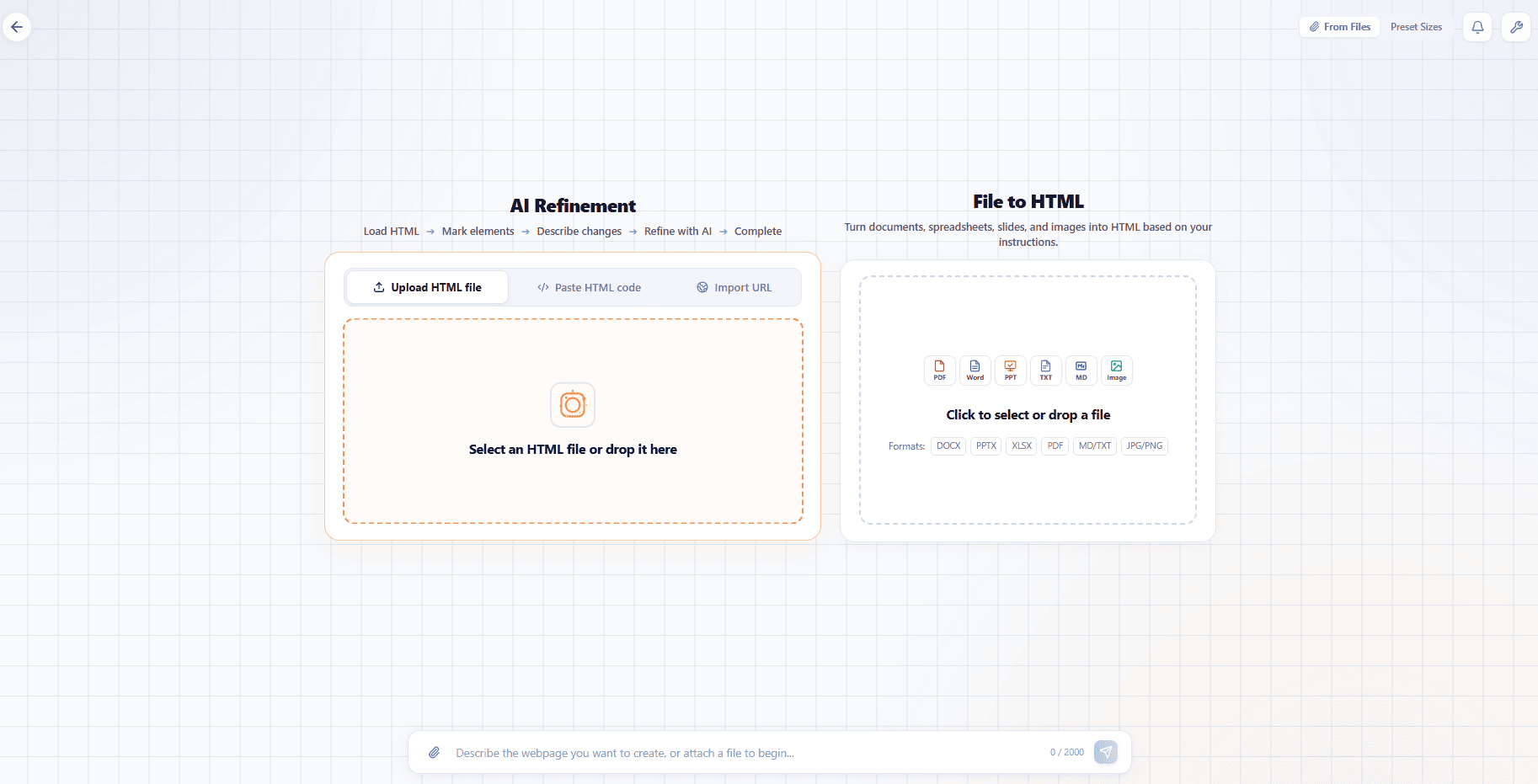 HtmlDrag AI Refinement의 HTML 파일 업로드, 코드 붙여넣기, URL 가져오기 화면