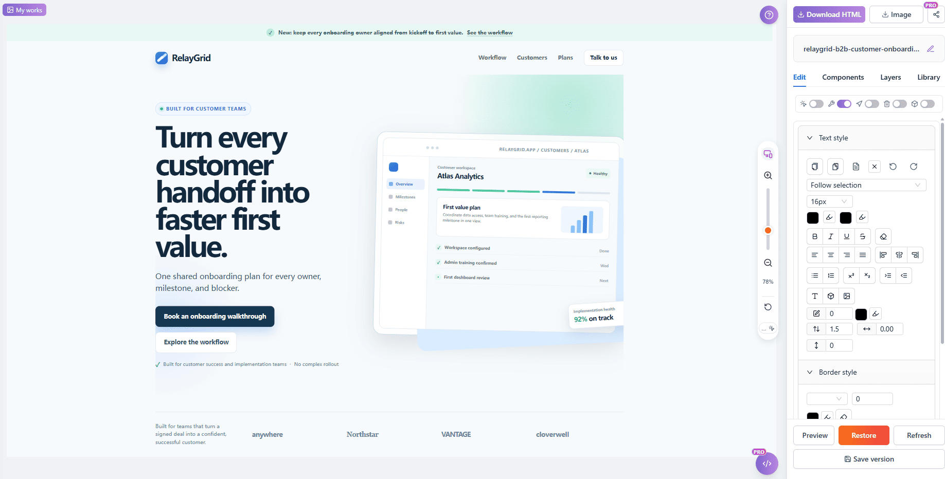 컨트롤과 Save version이 표시된 HtmlDrag 비주얼 에디터의 RelayGrid 페이지