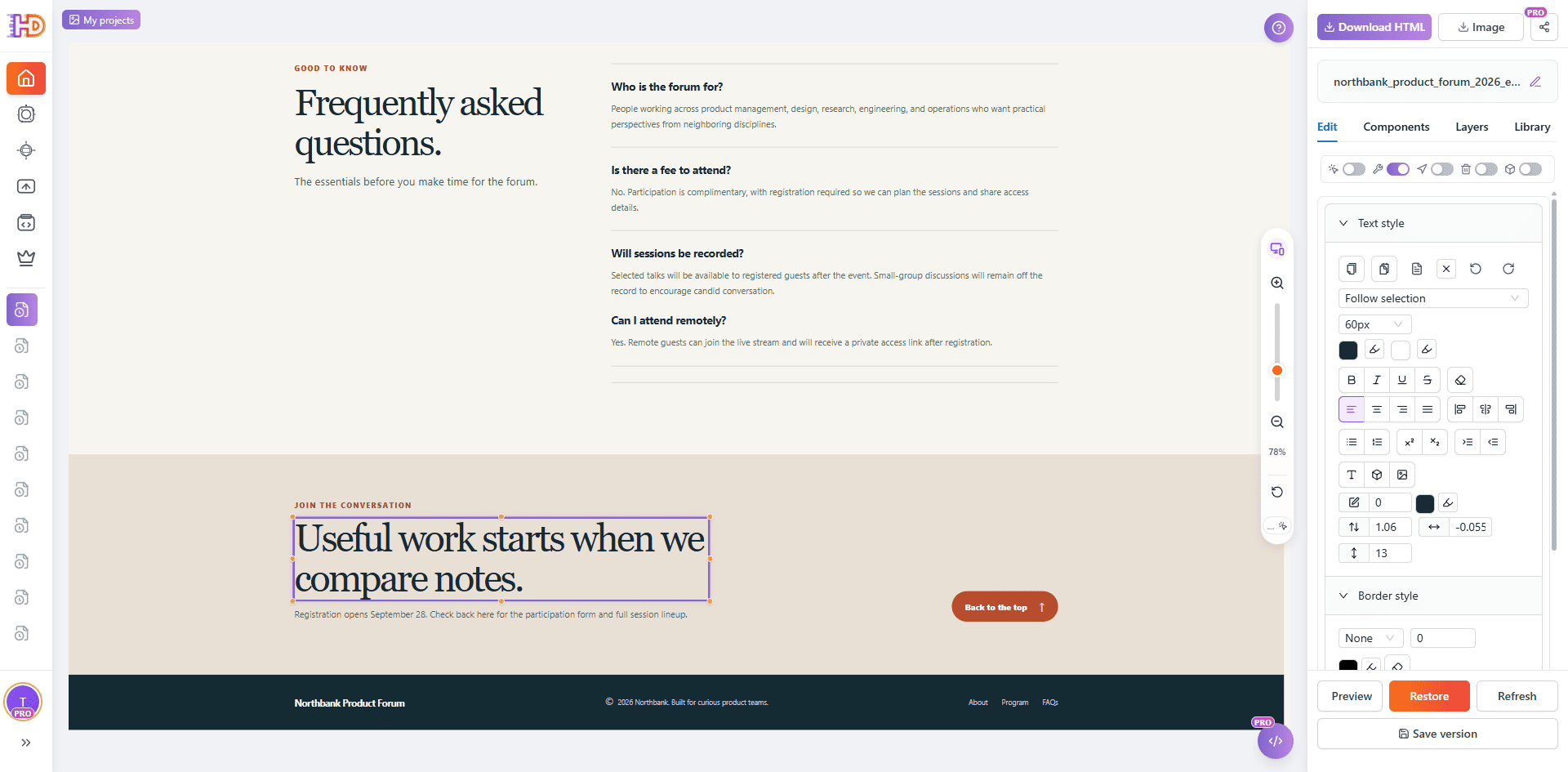 Northbank-Seite nach AI-Refinement im visuellen HTML-Editor geöffnet
