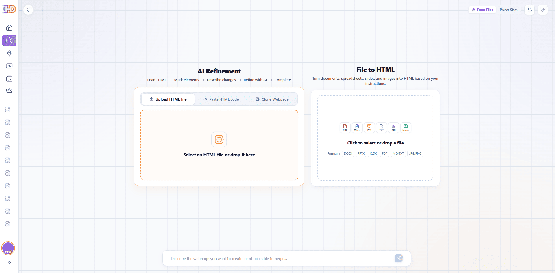 HtmlDrag AI-Refinement-Einstieg mit Optionen zum HTML-Upload und Webseiten-Klonen