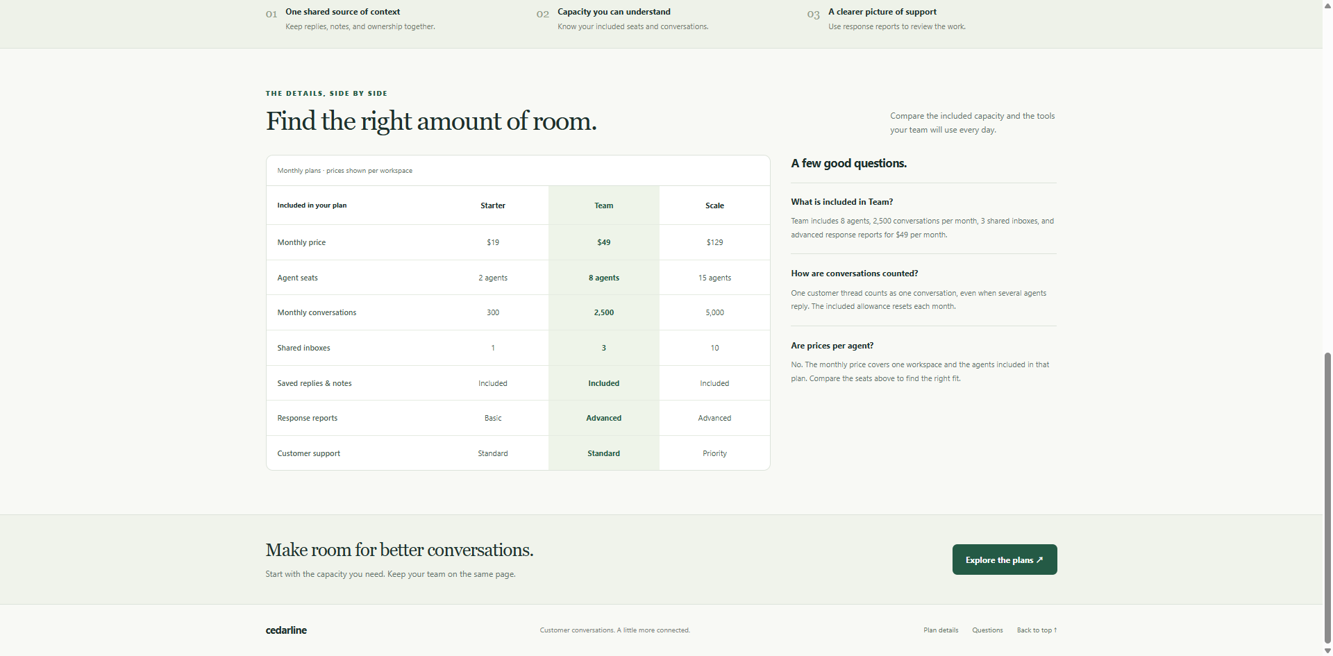 Close-up view of the feature comparison matrix and FAQ accordion showing exact data parity with the hero cards