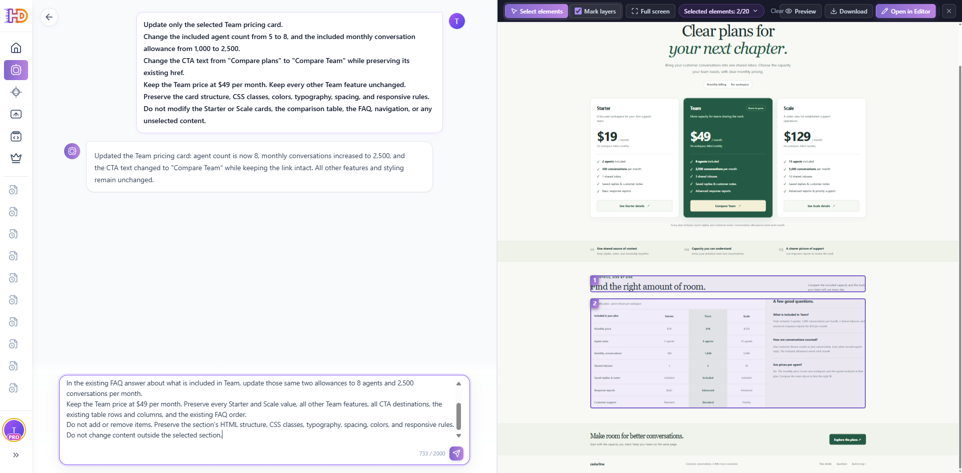 Targeted selection of the lower plan details container executing cascade synchronization across the table and FAQ