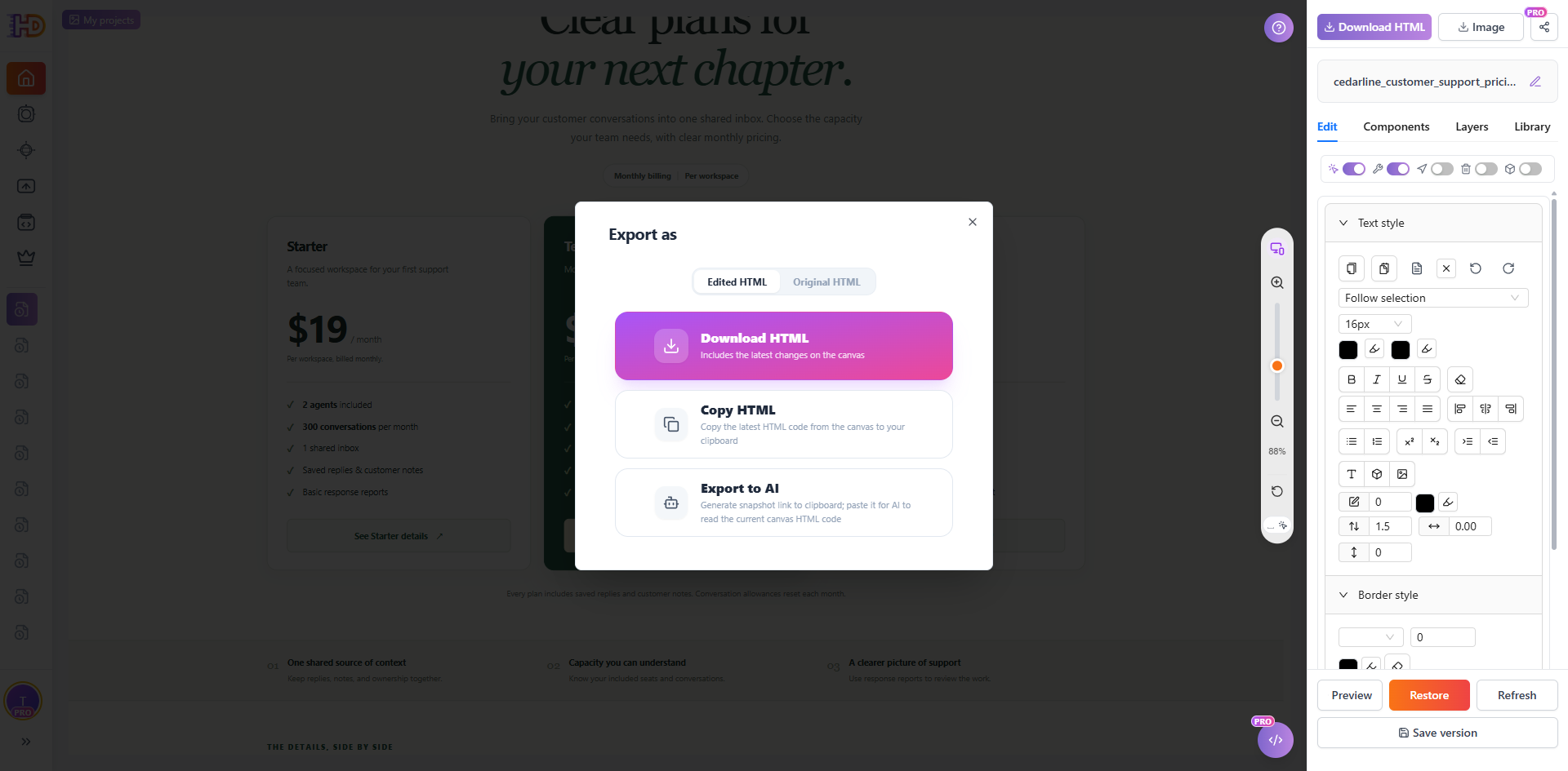 HtmlDrag export modal with Edited HTML selected, offering direct file download and clipboard copy options