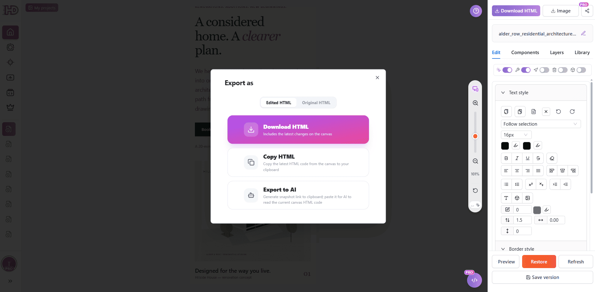 HtmlDrag 내보내기 창 (Edited HTML 선택, Download HTML 및 Copy HTML 옵션 표시)
