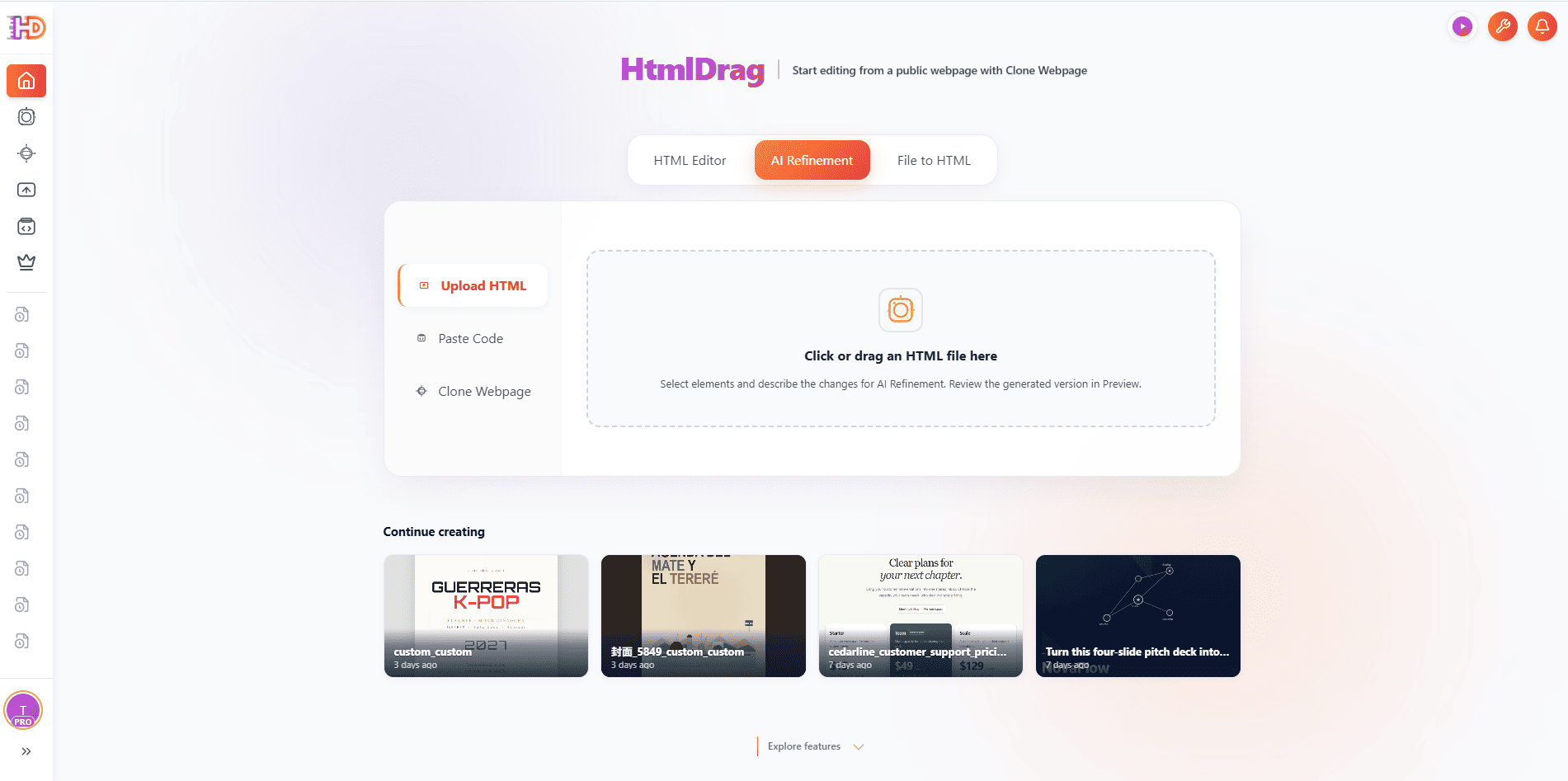 HtmlDrag AI 정밀 수정 업로드 화면 (Upload HTML 선택)