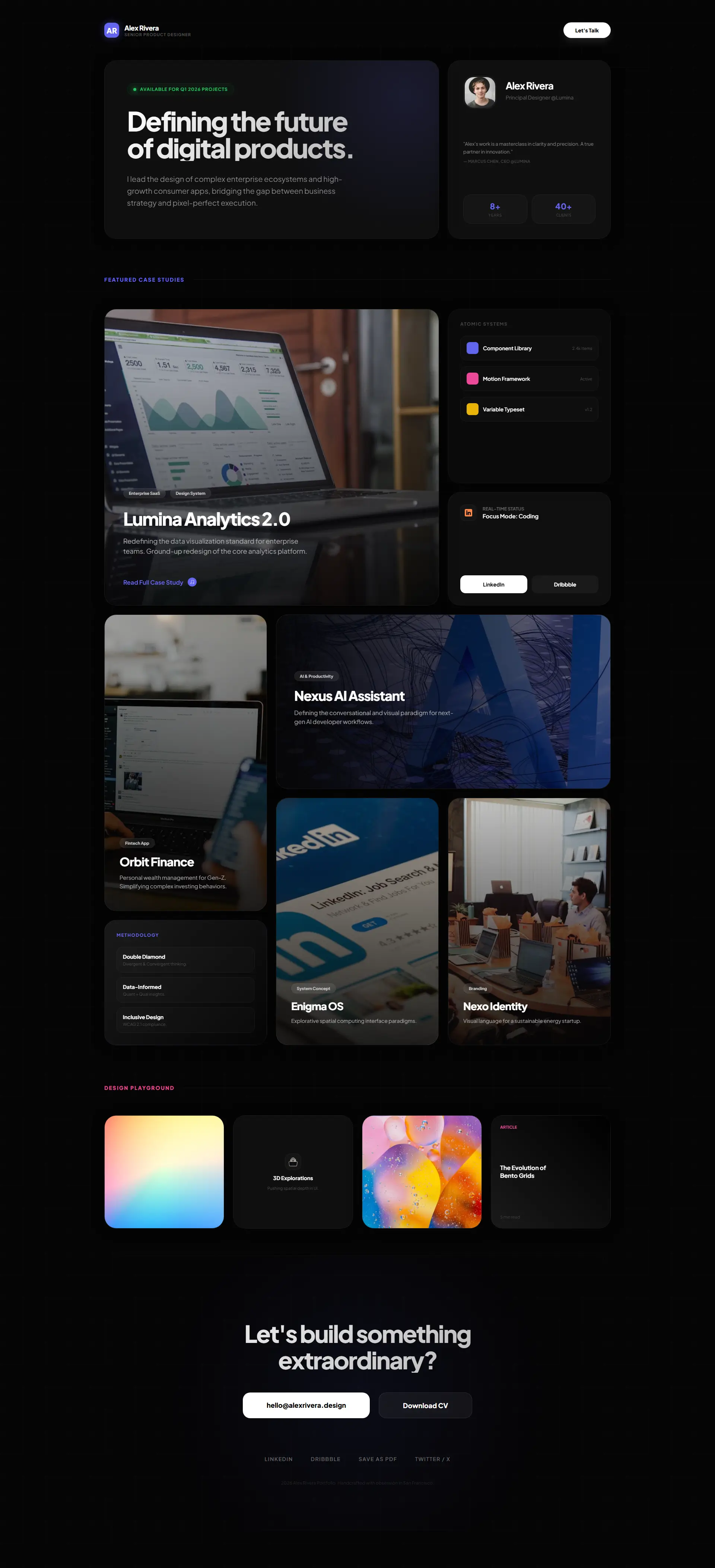 Dark Minimalist Senior Designer Portfolio Bento Grid Page